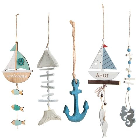 Logbuch-Verlag Set di decorazioni in legno da appendere – set di decorazioni marittime 5 pezzi – Pesce ancora barca a vela decorazione