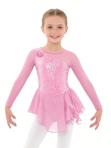 Agoky Kids Girls Figure Ice Skating Dress Shiny Rhinestones Mesh Splice Long Sleeves Ballet Gymnastic Leotard Dress Pink A 9-10 Years