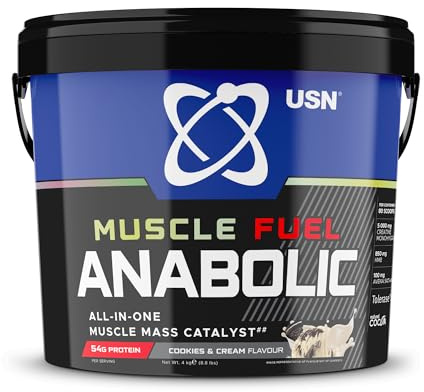 USN Muscle Fuel Anabolic All-In-One Muscle Mass Gainer, Cookies & Cream Flavour - 4kg, 54g Protein Powder, 5g Creatine Powder & 5g BCAAs For Maximum Muscle Growth, Post Workout Recovery Drink Mix