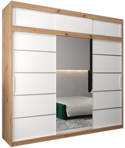 MEBLE KRYSPOL Kleiderschrank mit Spiegel Verona 2 - Garderobenschrank - Schrank Schlafzimmer - Mehrzweckschrank DREI Schiebetüren - Regalen - Flur Möbel - Kleiderstange Schrank - Allzweckschrank