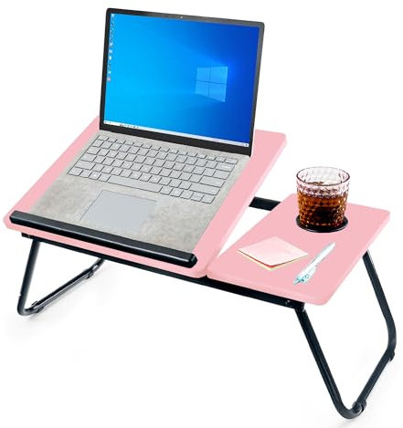 unycos - Bandeja para Cama y Sofá Reclinable, Mesa Plegable de Desayuno con Portavasos para Ordenador Portátil y Libros, Mesita Auxiliar en MDF/Acero/Plástico 56x33x23cm | 22,04 x12,99 x9,05 (Rosa)