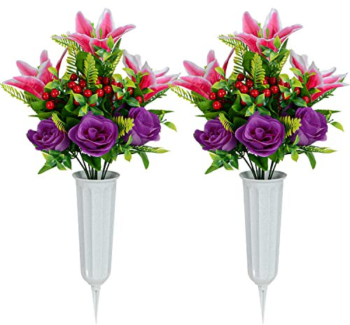 SIFOEL Artificial Cemetery Flowers for Grave, Set of 2 Artificial Memorial Flowers with Vase for Outdoor Cemetery Headstones Graveyard Decoration (Pink &Purple)