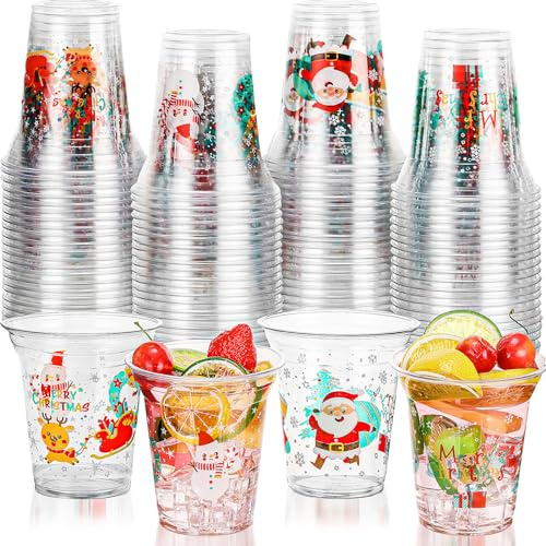 Tioncy 100 Pcs 12oz Christmas Cups Disposable Plastic Cups Santa Christmas Tree Wreath Clear Drinking Cup Drinkware Party Decorations Party Supply for Beer Beverage Snacks Ice Cream