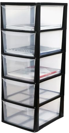 SIDSONS A4 Plastic Storage Drawers Unit 5 Drawers Tower Medium Slimline Tall for Home, School, Office, Bedroom & Living Room Garage With Clear Drawers Height 77cm Depth 35cm Width 29cm