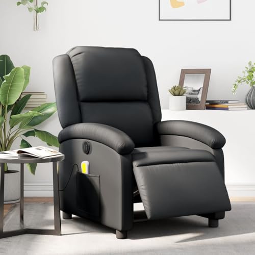 Gecheer Poltrona,Massaggiante,Elettrica,Relax,Reclinabile,Automatica,da TV,in Vera Pelle,Nera,con Poggiapiedi,71x86,5x99,5 cm,Poltrona Reclinabile,Relax,Poltrona da TV,Poltrona per Anziani
