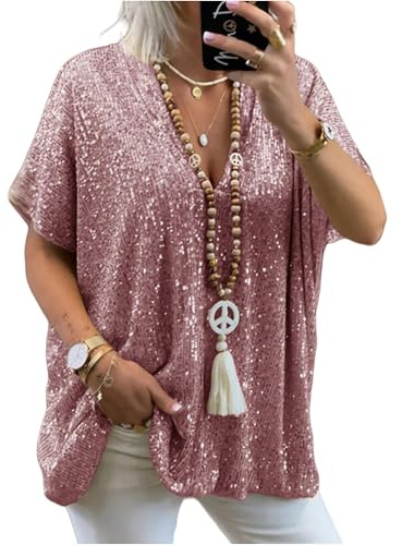 Asoodiy Women Sequin Tops Sparkly V Neck Blouse Short Sleeve Glitter Top Party Club Blouses Ladies Baggy Loose fit Shirts Pink M