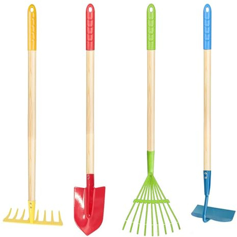 YORFULL Outils de Jardinage pour Enfants, Kit de Jardinage pour Enfants 4 Pièces avec Pelle, Râteau à Feuilles, Râteau, Houe de Jardin, Ensemble de Jardinage pour Enfants de 3 Ans