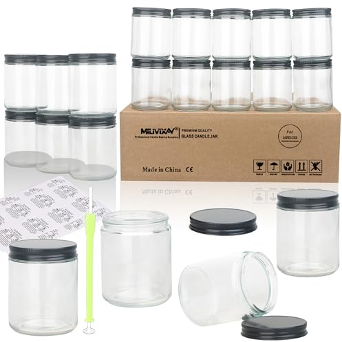 MILIVIXAY Lot de 20 pots en verre épais transparent de 250 ml avec couvercles noirs en métal - Bocaux à bougies vides en vrac pour la fabrication de bougies - Bocaux de conservation pour épices