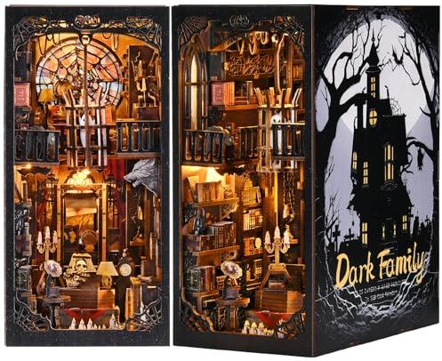 ETKVR Book Nook Kit, kreativ Book Nook byggsats för vuxna – 3D-träpussel bokstöd och bokhyllainsats, detaljerat miniatyrdockhus för unik heminredning – Dark Family
