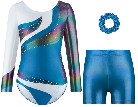 Gymnastikanzug-Set für tanzende Mädchen – Langarm- und ärmellose Trikots mit Shorts und Stirnband, glitzernde Ballett-Tanz-Unitards in Farbverlauf, Gymnastik-Outfit, Geschenk für 5–14 jährige Mädchen