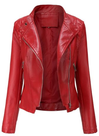 Generisch 2026 Chaquetas de Cuero para Mujer Abrigo de Moto Faux Corto Ligero Cuero Sintético Crop Coat, rojo, XL