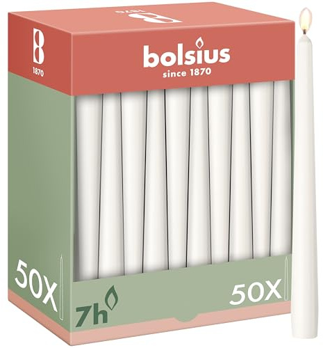 Bolsius släta spetsljus – vit – 50 st. - 24,5 cm – dekorativa hushållsljus – brinntid 7 timmar – oparfymerad – innehåller naturligt växtvax – utan palmolja
