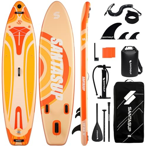 Santasup Tabla de Paddle Inflable con Accesorios SUP, Cubierta EVA Antideslizante Grande y Ancha, Bolsa Impermeable, Tablas SUP Naranjas de 11 Pies (3.35m) para Adultos y Jóvenes de Todos los Niveles