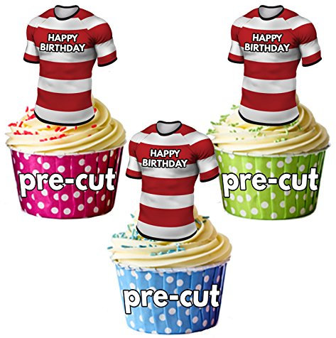 AK Giftshop PRECUT Happy Birthday Rugby Shirts - Edible Cupcake Toppers/Cake Decorations Gloucester Colours (Pack of 12)