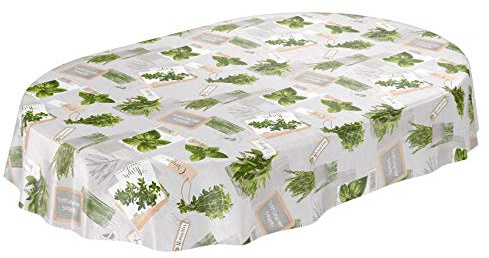 ANRO Tischdecke Wachstuchtischdecke Wachstuch Wachstischdecke pflegeleicht abwaschbar Kräuter Grün Beige Bio Basilikum Oval 140 x 200cm eingefasst