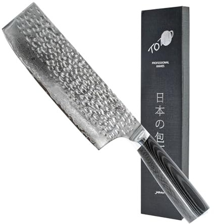 Totiko Coltello Professionale in Acciaio Damasco, Coltello da Cucina Professionale Giapponese da Verdura, Lama da 16,5cm, Nakiri Damascato, Manico in Resina Micarta - Yukimura Japan Knives