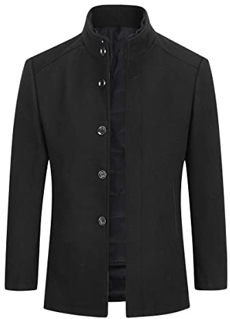 Sliktaa Men Wool Blend Trench Coat Stand Collar Winter Jacket | Wool blend fabric stand collar zip button fastening side pockets soft warm feel for office outdoor activities and cold days