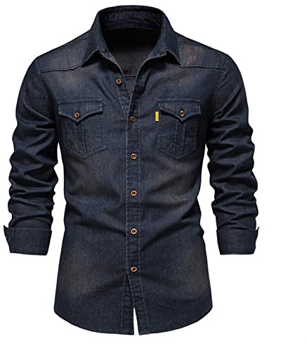 Skrsila herr jeansskjorta denim skjorta långärmad skjorta cowboy stil Kent krage affärsliv män fritid skjorta, Marinblå, S