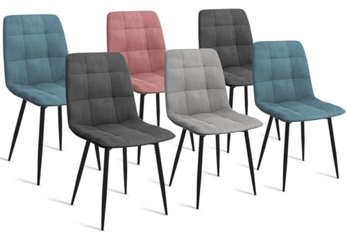 IDMarket - Lot de 6 chaises Mila en Velours Mix Color Pastel Bleu x2, Gris foncé x2, Gris Clair, Rose