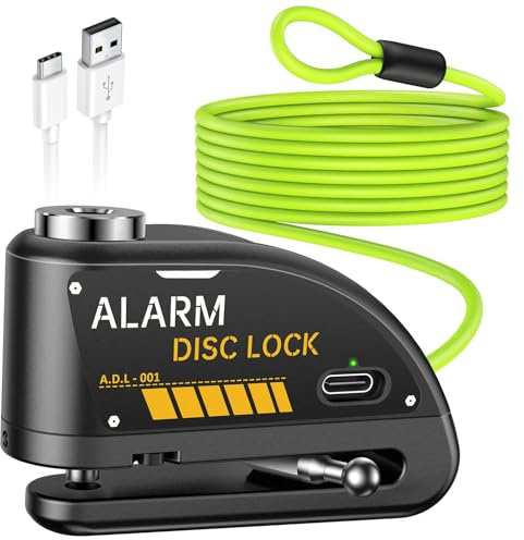 ONVIAN Rechargeable Motorcycle Lock with 120db Alarm and 6FT Steel Reminder Cable, for 7mm Pin Motorcycles Bicycles Ebike Scooter Moped (Black)