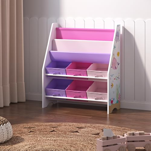 [en.casa] Barnhylla Ponteceso bokhylla med 2 förvaringsfack leksakshylla 6 lådor boklåda med havsmotiv vit rosa lila barnrum arrangör