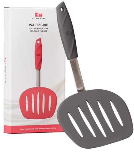 Kitchen Mama WALTZGRIP Platinum Silicone Pancake Spatula Turner: Heat-Resistant, Wide Slotted Tapered Head Stainless Steel Core. Durable, Dishwasher-Safe, Flipping Cooking Needs, Wok Use (Metal Grey)
