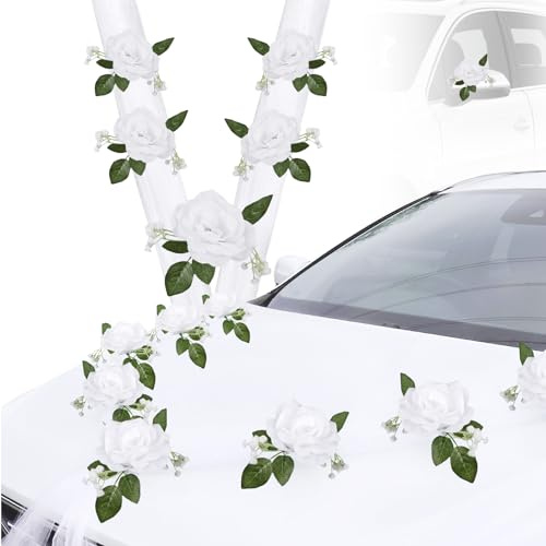 LEKEFETO Adorno para Auto de Boda Capó, Decoración Coche Boda con 9 Flores de Seda & 2 x 180 cm Tul, Guirnalda Floral & Ventosas para Coche de Fiesta, Recepción y Ceremonia de Matrimonio