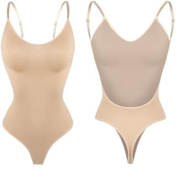 Body moldeador con escote en V profundo for mujer, moldeador de cuerpo con Espalda descubierta, Tanga de inmersión en U, entrenador de cintura, corsé de realce acolchado con correa transparente(C-Nude