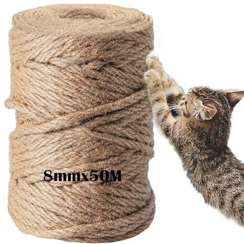 DOBIGER Corde en Sisal pour Arbre à Chat de 8 mm x 50M, Corde Arbre a Chat Scratch Pilier, Chanvre Naturel 8mm, Décoration de Jardin et Maison