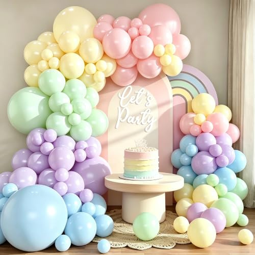 Rainbow Balloons 133pcs Pastel Balloon Garland Arch 18 12 10 5 Inch Different Sizes Latex Balloons for Birthday, Baby Shower, Wedding, Party Decoration