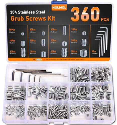 HOLMOL Lot de 360 vis sans tête en acier inoxydable - Vis sans tête à six pans creux avec clé - Vis sans tête M3/M4/M5/M6/M8 - Poignée de porte pour réparation