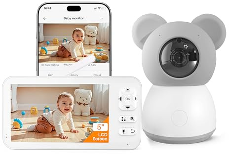 SIMBAILAI 2K Baby Monitor Video con 5 LCD,Supporto App Mobile,360° Tracciamento Automatico,Rilevamento di Pianto/Movimento/Temp/Umidità,Area di Allarme Personalizzata,3000 mAh Batteria Ricaricabile