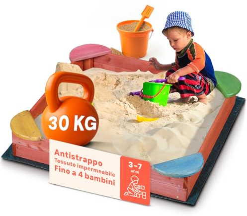 Avilia Sabbiera per Bambini da Esterno in Legno con 4 Sedute - Sabbiera per Bambini da Gioco 100x17cm - Sabbiera Facile da Assemblare, Stimola Creatività e Socializzazione per Bambini dai 3 ai 7 anni