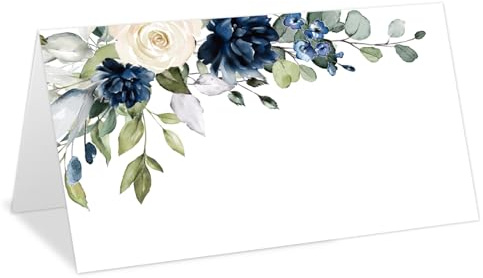 Whaline 100Pcs Floral Place Cards 2 x 3.5 Inch Watercolor Blue White Flower with Leaves Tented Seating Cards for Wedding Bridal Shower Party Table Setting
