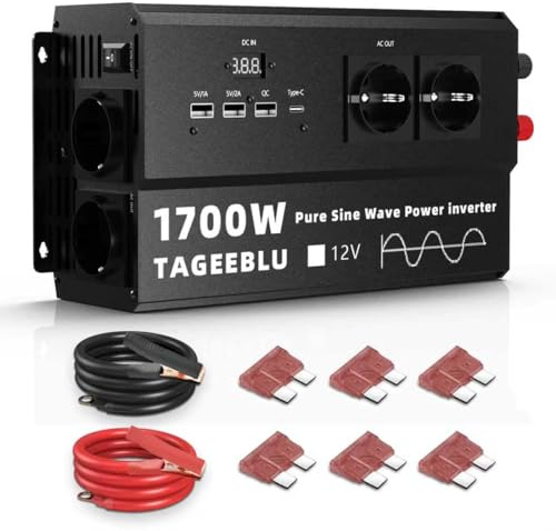 TAGEEBLU 1700W wechselrichter 12v auf 230v Reiner Sinus, spannungswandler 12v 230v, Wechselrichter für Fahrzeuge mit 4 AC Steckdose, 3 USB-A-Schnittstellen, TypeC 30W und LCD Bildschirm