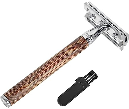 VINTORKY Rasoio Manuale in Legno di Bambù Doppia Lama per Barba Uomo Compatto e Portatile