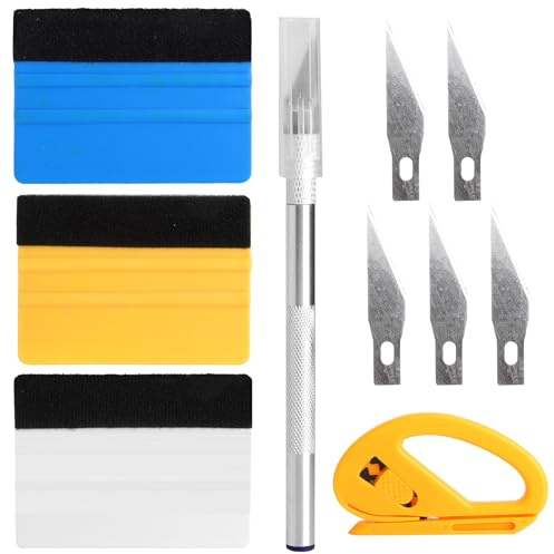 LOLANIUT Tergivetro per pellicola – 3 pezzi: tergivetro con bordo in feltro e coltello di precisione con manico in alluminio, 5 lame di ricambio, coltello di sicurezza, strumento professionale