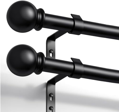 PeSenp 2 Pack Curtain Poles 87-243cm, 16mm Diameter Black Curtain Rod | with Bracket and Finial, Metal Material, Suitable for Light/Sheer, Eyelet Curtains, for Windows in Living room, Bedroom, Door