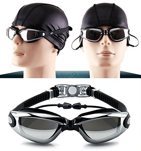 Goodsmiley Lunettes de natation pour personnes myopes, UV400, anti-buée, étanche, avec écouteurs boutons, pince-nez, pour hommes, femmes et enfants, noir