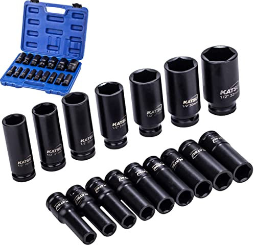 KATSU 1/2 Llaves de Vaso Impacto 16 Piezas, 10mm - 32mm Juego de Llaves de Vaso de Impacto Profundo Llave Métrica Resistente, Herramienta de Reparación Motores Camiones Tractores 420441