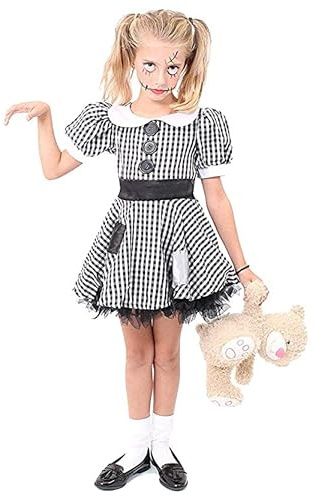 Girls Creepy Doll Costume - Medium - Black and White Checkered Dress with Frayed Hem and Patches - Scary Halloween Broken Ragdoll China Doll Costume