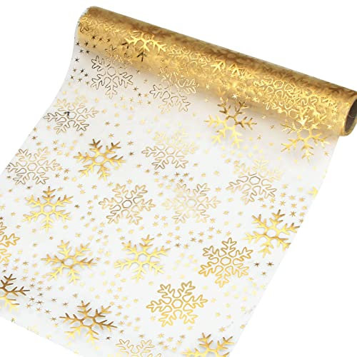 Tischläufer Weihnachten Schneeflocke, Tischband Transparentes Gold, 28 cm x 5 m Tischband Organza für Weihnachten Geburtstage Adventszeit Geschenk DIY