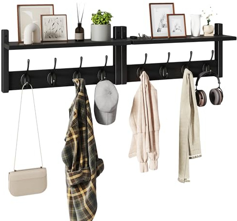 YMYNY Percheros de Pared, Estante de Pared con 8 Ganchos, Estante de Almacenamiento, Estante Mural de Pared, para Entrada, Dormitorio, Negro（40 * 11 * 19.5）*2 HWS001B-2