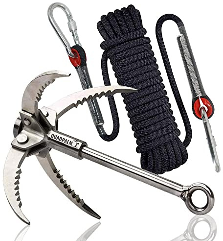 QUADPALM Grappling Hook with 10m Rope – Multifunctional Grapple Hook - 2 Locking carabiners - 4 Stainless Steel Folding Claws - Heavy Duty - Outdoor Camping Hiking Climbing Equipment (Black Rope)