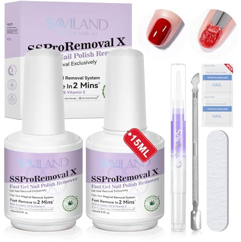 SAVILAND Nail Polish Remover Kit: 2-Min Fast Nail Polish Remover Castor Oil & VE Gel Remover with Cuticle Oil Pen Pusher Nail File for Builder Nail Gel Acrylic Dip Powder Less-Damaging Salon