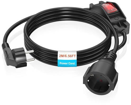 Schutzkontakt Verlängerungskabel 2M, Verlängerungskabel mit Schalter, 3 x 1mm² Schuko Kabel für Schlafzimmer, Zuhause, Büro (250V/16A)