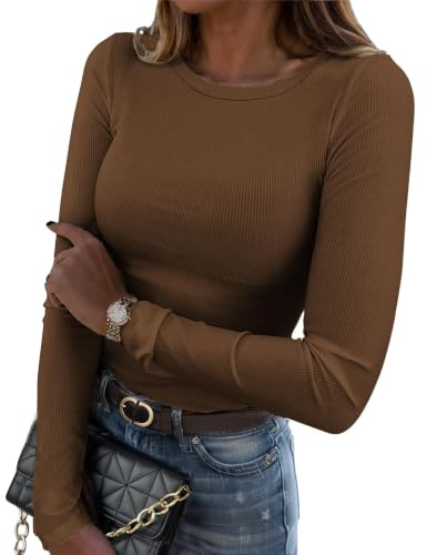 Zeagoo T-Shirt à Manches Longues pour Femme Élégant Col Rond Tee Shirt Tricot Côtelé Haut Ajusté Chic Pull Décontracté Basic Tops Couleur Unie Shirts Hiver Automne Marron S