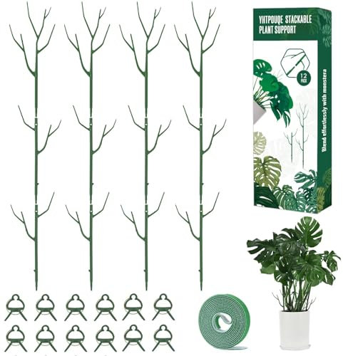 Yhtpouqe 12 Pack Plant Support Stakes, Plant Stakes for Indoor and Outdoor Plants. 39.37inch Plant Sticks with Extension Poles, Plant Clips, Plant Ties for Potted Monstera Plants, Climbing Plants
