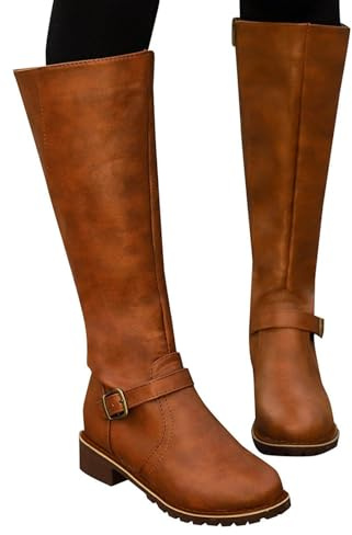 Womens Knee High Boots Clearance,Winter Boots for Women Today's Deals,Casual Thick Soles Low-heeled Boots Plus Size Mid Calf Zipper Boots Platform Leather Boots Waterproof Rain Boots UK Size 3-7.5