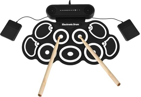 HUIOP Electronic Drum Set with Dual Speaker Roll-Up Drum Pad 9 Pads Supports BT MIDI Various Audio Connection Headphone Jack 10 Hours Playtime Silicone Practice Pad Drum Kit with Drumsticks Foot Pedal